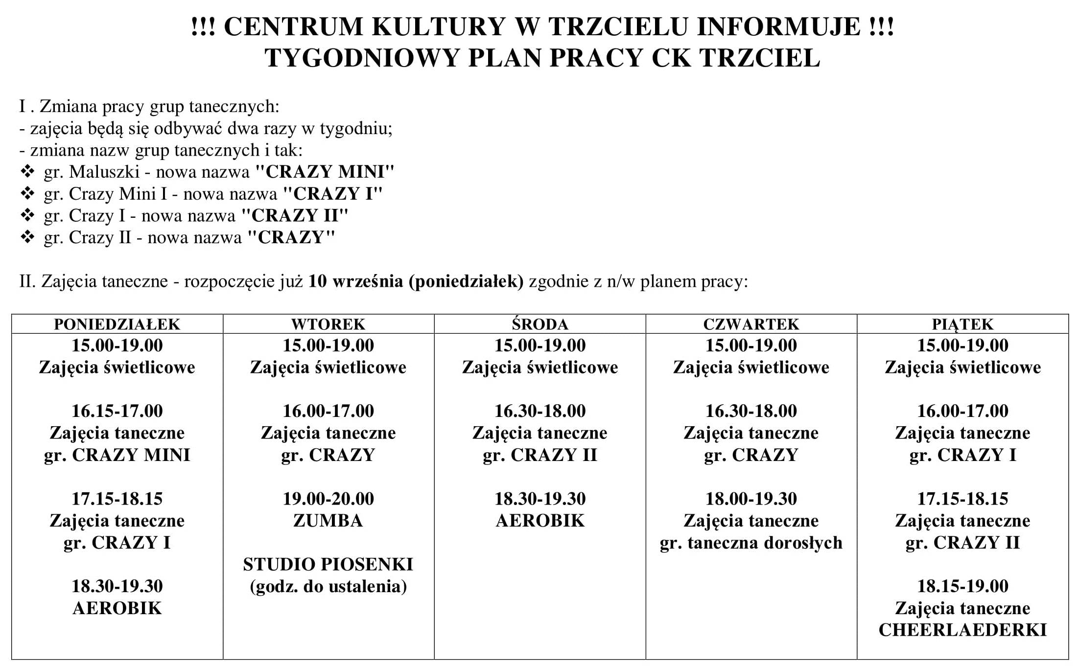 Tygodniowy Plan Pracy W Zlobku Wrzesien Tygodniowy plan pracy - Gmina Trzciel
